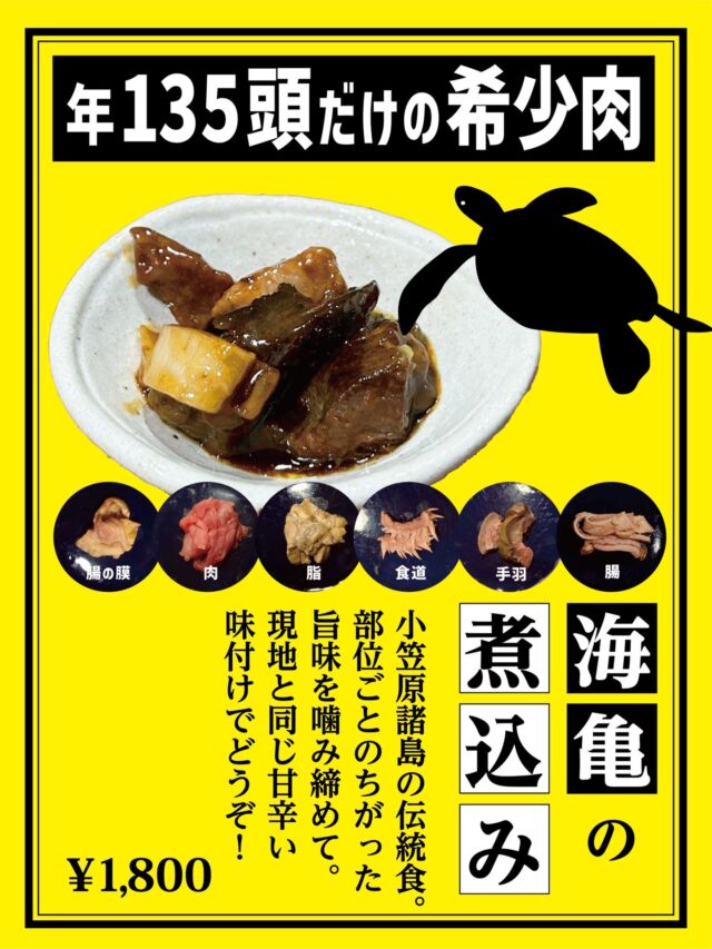🐢残りわずか！小笠原諸島伝統の味「海亀の煮込み」🐢 
年間捕獲量135頭の希少な海亀肉を、
現地と同じ甘辛い味付けでじっくり煮込みました！
 肉、手羽、腸、それぞれの部位が織りなす異なる旨味と食感、
そしてウミガメの脂で炒めた一体感のある味わいは絶品です😋

🏮新宿歌舞伎町 思い出の抜け道【寺子屋】
@terakoya_shinjuku
———————————————————
予約は1日4名様まで・19:00〜20:30までの入店のみ
新宿区歌舞伎町1-3−10 新宿センター街 1F
OPEN 24 hours
Reservations are limited to 4 persons per day 
and entry from 19:00 to 20:30
———————————————————
🏮Shinjuku Kabukicho, OMOIDE NO NUKEMICHI【TERAKOYA】

🐢 Ogasawara Islands' Traditional Stewed Sea Turtle 🐢 
Taste this rare meat, with only 135 turtles caught annually! 
We slow-simmer it in the local sweet and savory style. 
Enjoy the distinct flavors and textures of the meat, 
fins, and intestines, 
all unified by the rich turtle fat. It's exquisite😋

#寺子屋
#思い出の抜け道
#kabukicho
#ShinjukuBar
#歌舞伎町飲み屋
