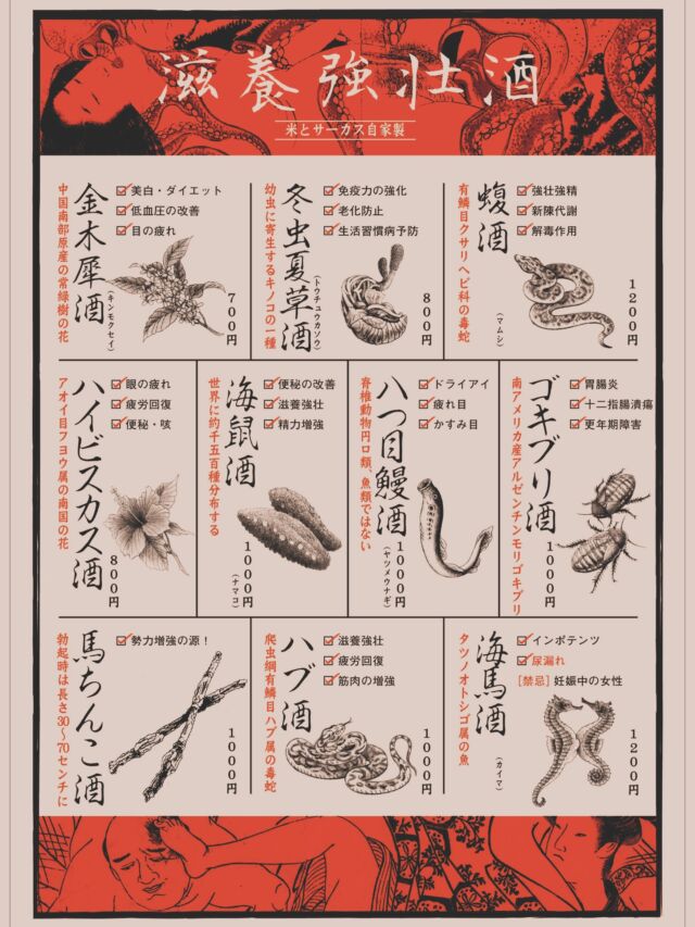 クイッと飲めばゲンキになること間違いなし!?
♦︎金木犀酒（キンモクセイ）
♦︎冬虫夏草酒（トウチュウカソウ）
♦︎蝮酒（マムシ）
♦︎ハイビスカス酒
♦︎海鼠酒（ナマコ）
♦︎八つ目鰻酒（ヤツメウナギ）
♦︎ゴキブリ酒
♦︎馬陰茎酒（ウマチンコ）
♦︎ハブ酒
♦︎海馬酒（カイマ）
🏮新宿歌舞伎町 思い出の抜け道【寺子屋】
@terakoya_shinjuku
———————————————————
予約は平日12:00-24:00まで上限4名様
新宿区歌舞伎町1-3−10 新宿センター街 1F
OPEN 24 hours
Reservations：
Weekdays 12:00–24:00 / Max 4 people
———————————————————
🏮Shinjuku Kabukicho, OMOIDE NO NUKEMICHI【TERAKOYA】

Specialty! Yakuzen Sake
Using Chinese herbal ingredients, 
You will surely be energized if you drink it quickly!
♦︎ Osmanthus Liquor
♦︎ Cordyceps sinensis Liquor
♦︎ Viper Liquor
♦︎ Hibiscus Liquor
♦︎ Sea cucumber Liquor
♦︎ Lamprey  Liquor
♦︎ Cockroach Liquor
♦︎ Horse-penis Liquor
♦︎ Habu Liquor
♦︎ Sea horse Liquor

#寺子屋
#思い出の抜け道
#歌舞伎町グルメ
#ShinjukuBar
#kabukicho